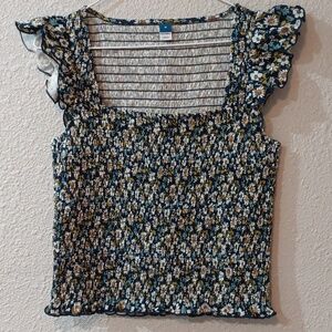 Old Navy Floral Ruffle Sleeve Blouse - Navy Blue Summer Tops,  Ladies Size M